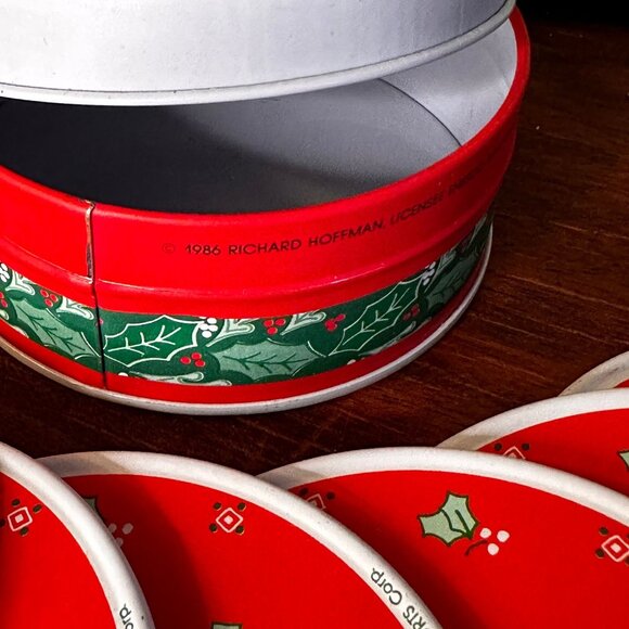 Vintage Enesco Christmas Coaster Set with Tin Holder Retro Holiday Drinkware - Picture 4 of 6